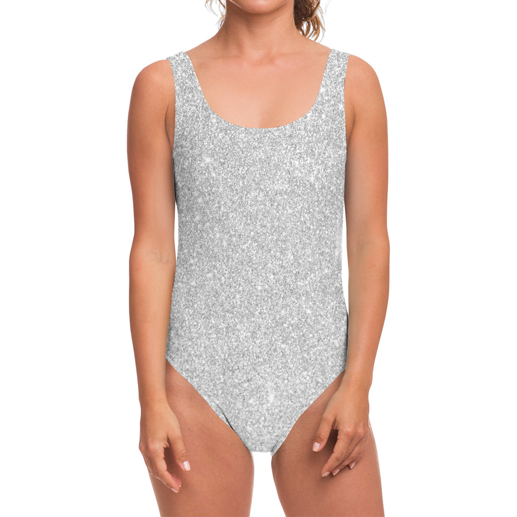 Bright Silver (NOT Real) Glitter Print One Piece Swimsuit