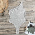 Bright Silver (NOT Real) Glitter Print One Shoulder Bodysuit