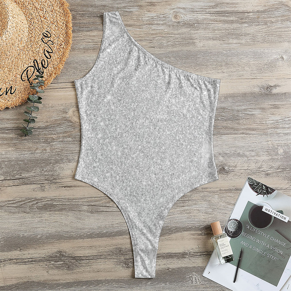 Bright Silver (NOT Real) Glitter Print One Shoulder Bodysuit