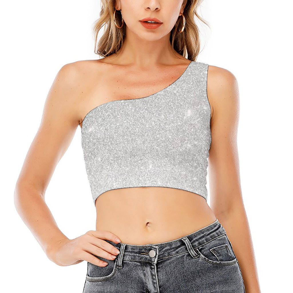 Bright Silver (NOT Real) Glitter Print One Shoulder Crop Top