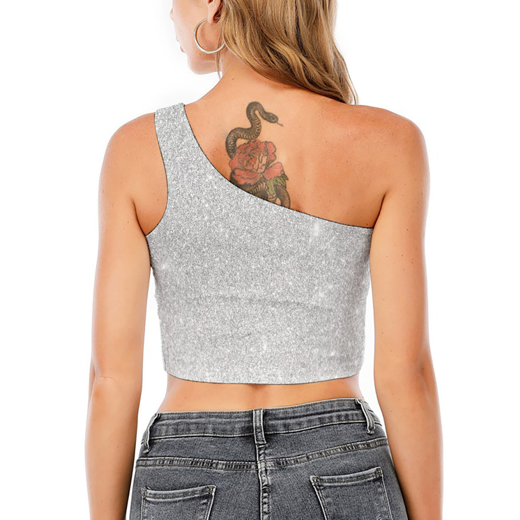 Bright Silver (NOT Real) Glitter Print One Shoulder Crop Top