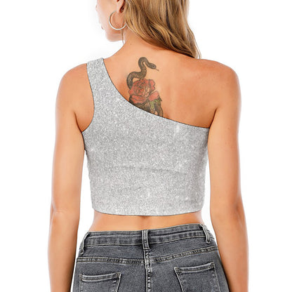 Bright Silver (NOT Real) Glitter Print One Shoulder Crop Top
