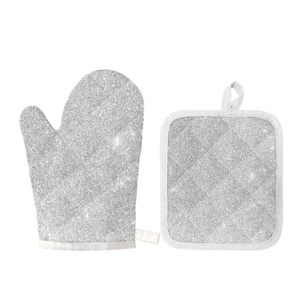 Bright Silver (NOT Real) Glitter Print Oven Mitt And Pot Holder Set