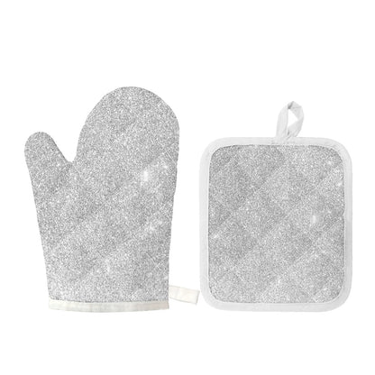 Bright Silver (NOT Real) Glitter Print Oven Mitt And Pot Holder Set