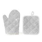 Bright Silver (NOT Real) Glitter Print Oven Mitt And Pot Holder Set