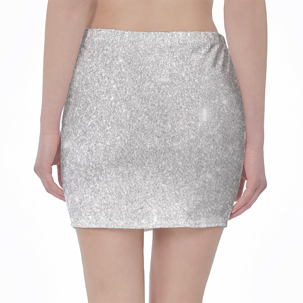 Bright Silver (NOT Real) Glitter Print Pencil Mini Skirt