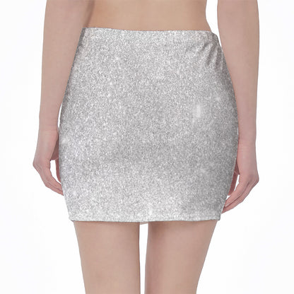 Bright Silver (NOT Real) Glitter Print Pencil Mini Skirt