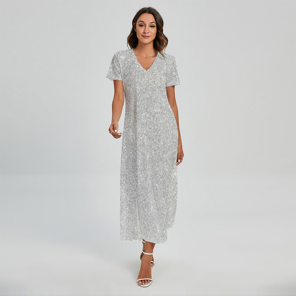 Bright Silver (NOT Real) Glitter Print Short Sleeve Maxi Dress
