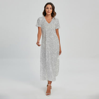 Bright Silver (NOT Real) Glitter Print Short Sleeve Maxi Dress