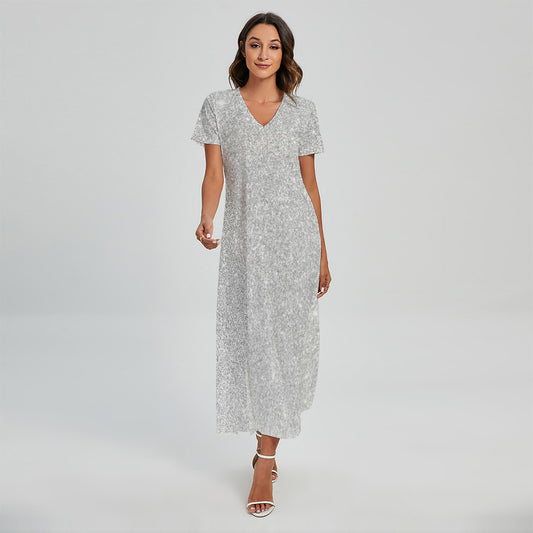 Bright Silver (NOT Real) Glitter Print Short Sleeve Maxi Dress