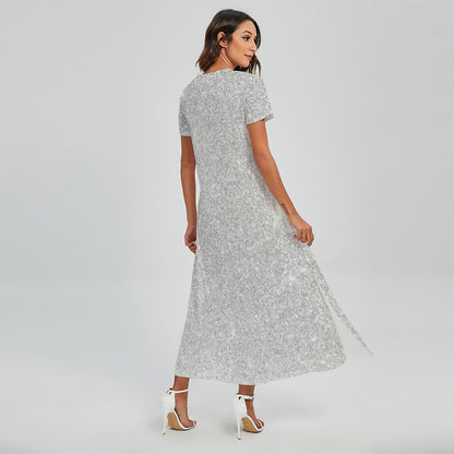 Bright Silver (NOT Real) Glitter Print Short Sleeve Maxi Dress