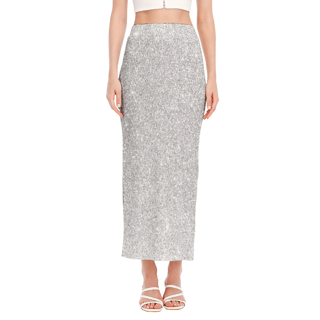 Bright Silver (NOT Real) Glitter Print Side Slit Maxi Skirt