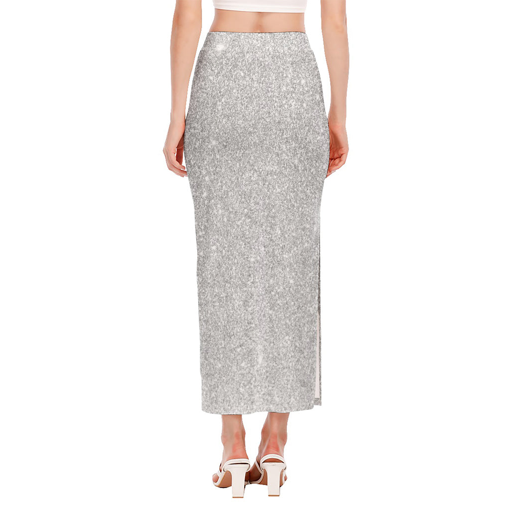 Bright Silver (NOT Real) Glitter Print Side Slit Maxi Skirt
