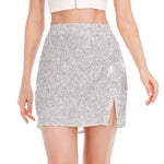 Bright Silver (NOT Real) Glitter Print Side Slit Mini Skirt