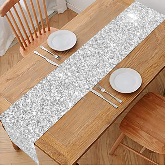 Bright Silver (NOT Real) Glitter Print Table Runner