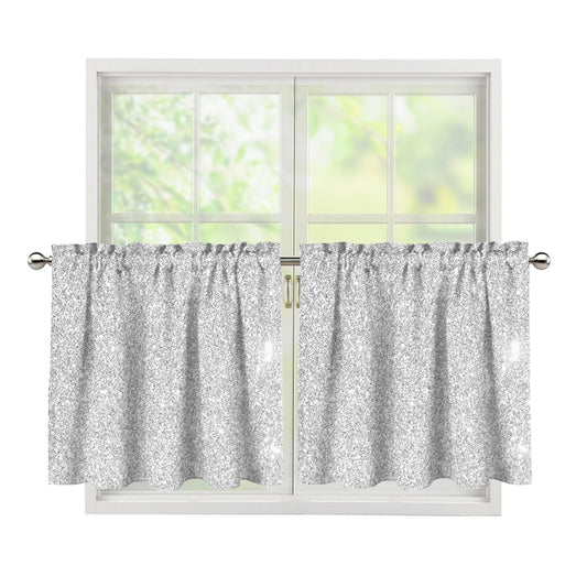 Bright Silver (NOT Real) Glitter Print Tier Curtains