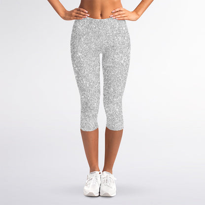Bright Silver (NOT Real) Glitter Print Women's Capri Leggings