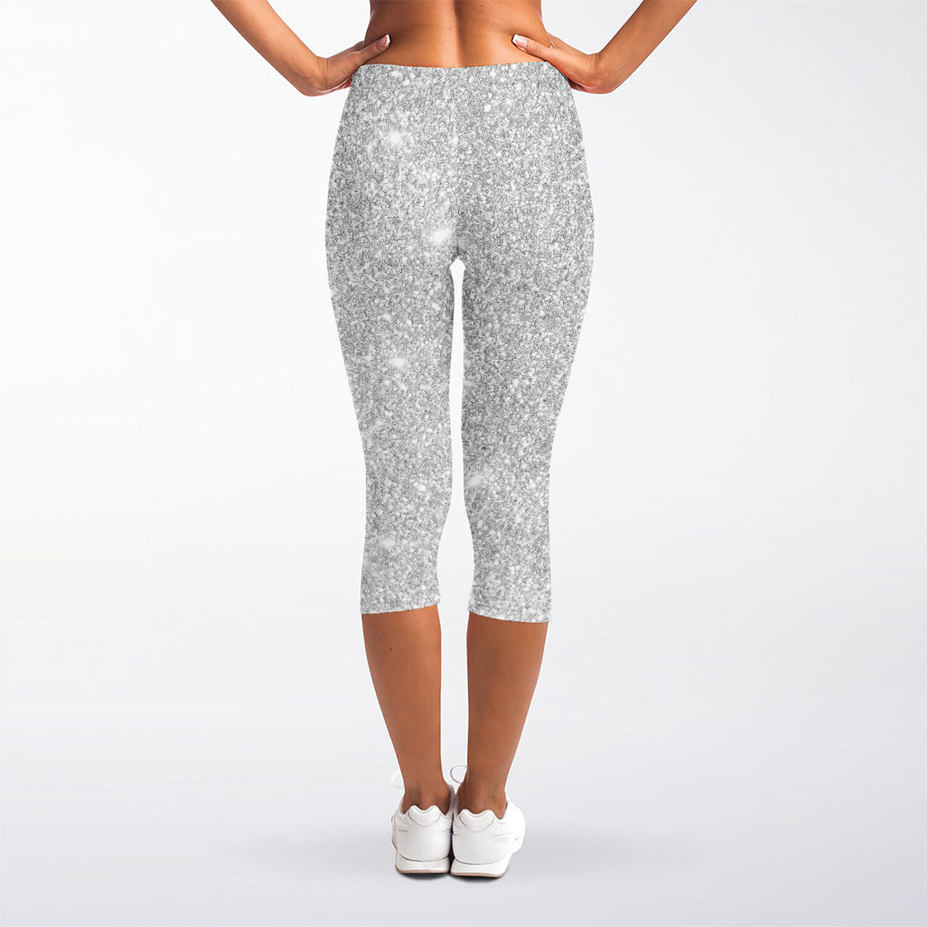 Bright Silver (NOT Real) Glitter Print Women's Capri Leggings