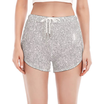 Bright Silver (NOT Real) Glitter Print Women's Split Running Shorts