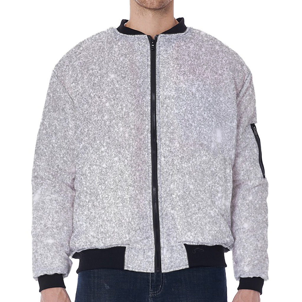 Bright Silver (NOT Real) Glitter Print Zip Sleeve Bomber Jacket