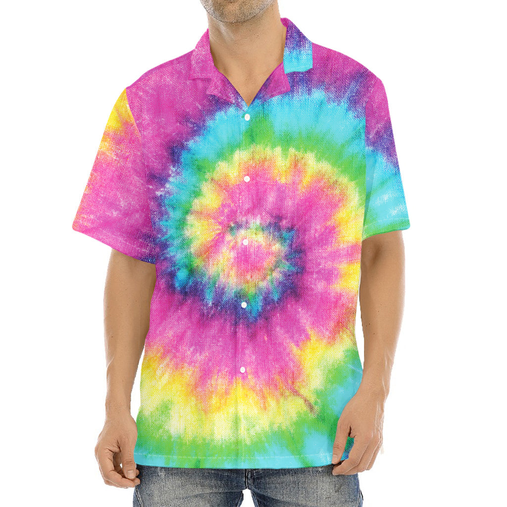 Bright Spiral Tie Dye Print Aloha Shirt