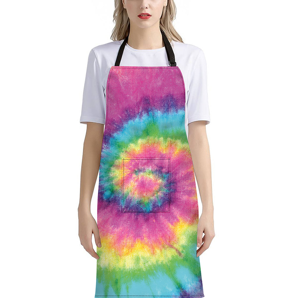Bright Spiral Tie Dye Print Bib Apron With Pocket