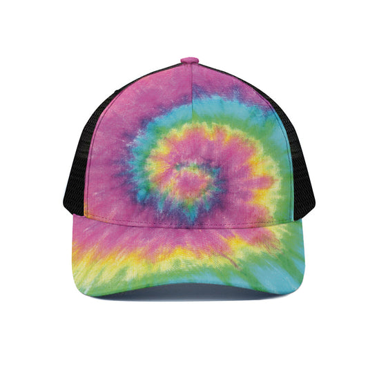 Bright Spiral Tie Dye Print Black Mesh Trucker Cap