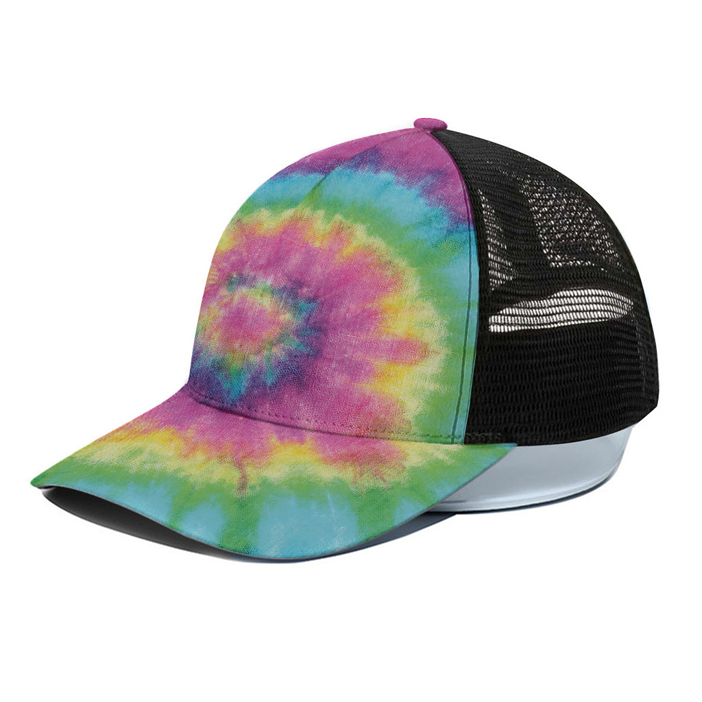 Bright Spiral Tie Dye Print Black Mesh Trucker Cap