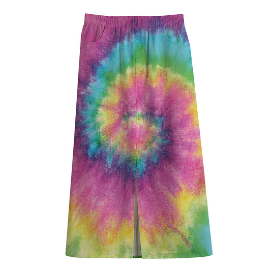 Bright Spiral Tie Dye Print Cotton Front Slit Maxi Skirt