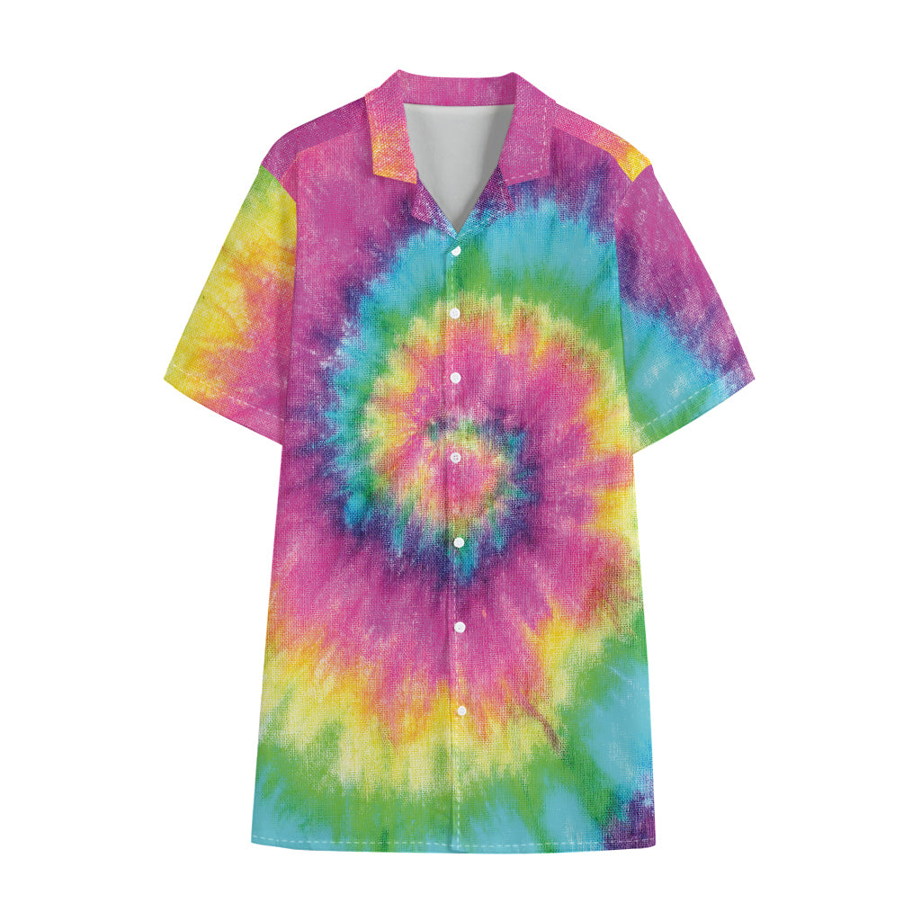 Bright Spiral Tie Dye Print Cotton Hawaiian Shirt