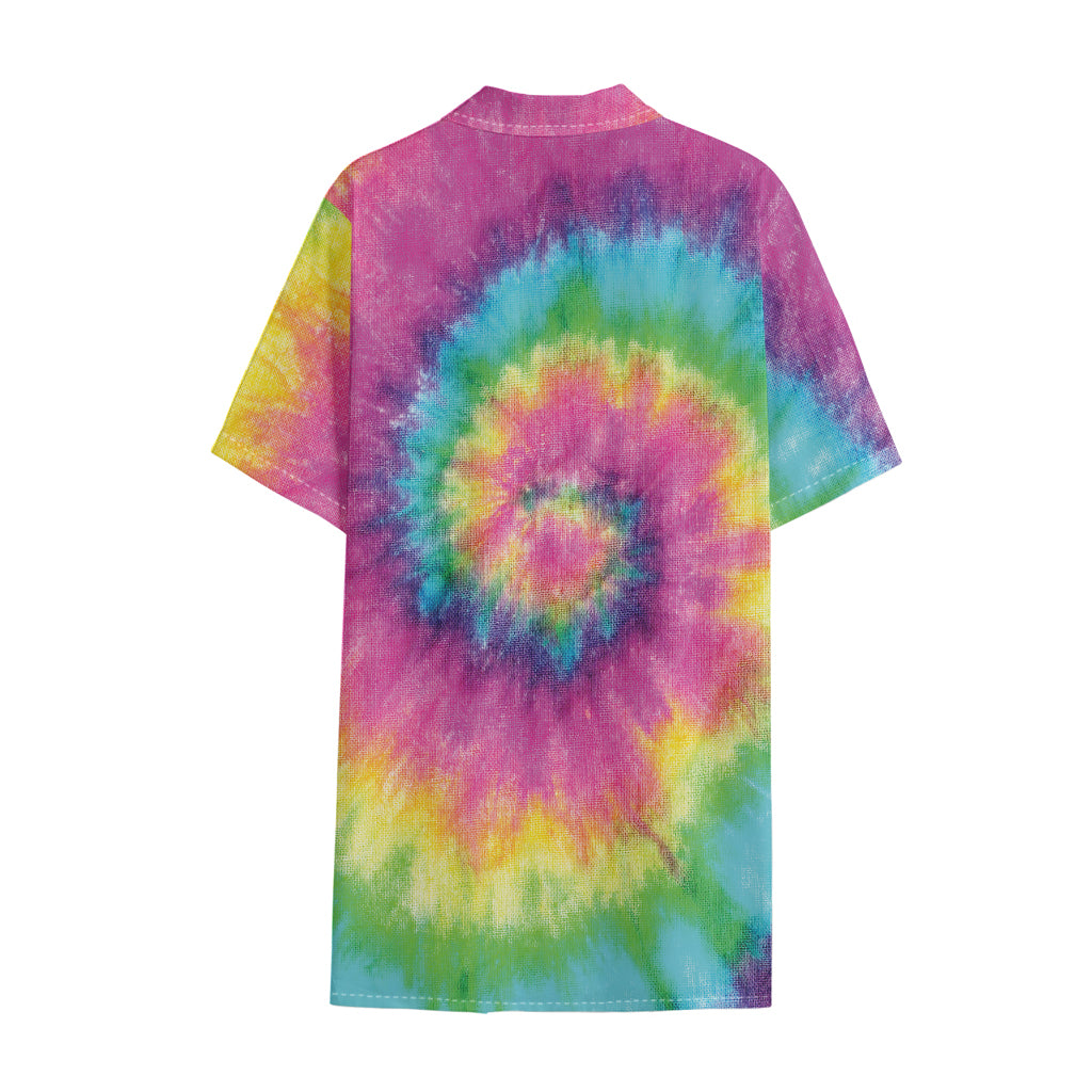 Bright Spiral Tie Dye Print Cotton Hawaiian Shirt