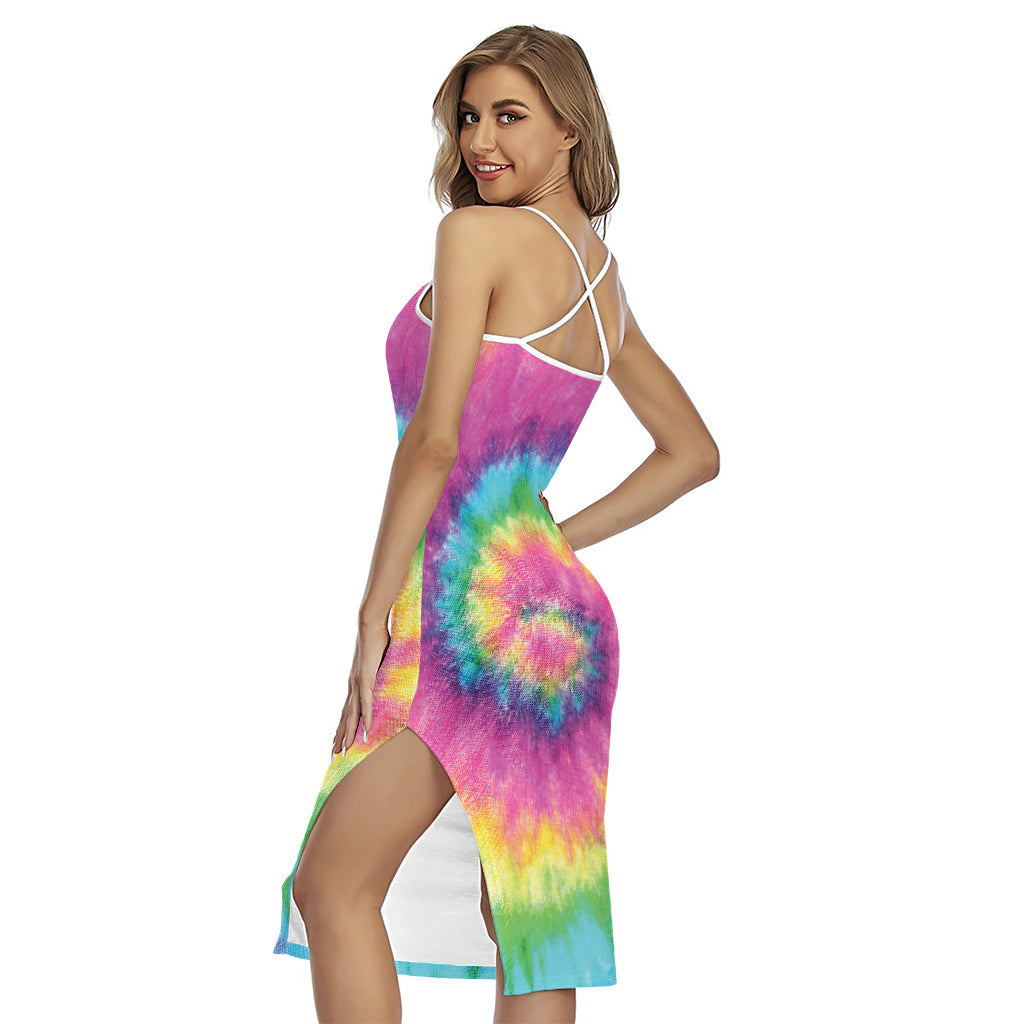 Bright Spiral Tie Dye Print Cross Back Cami Dress
