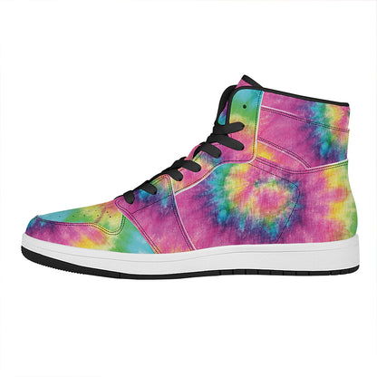 Bright Spiral Tie Dye Print High Top Leather Sneakers