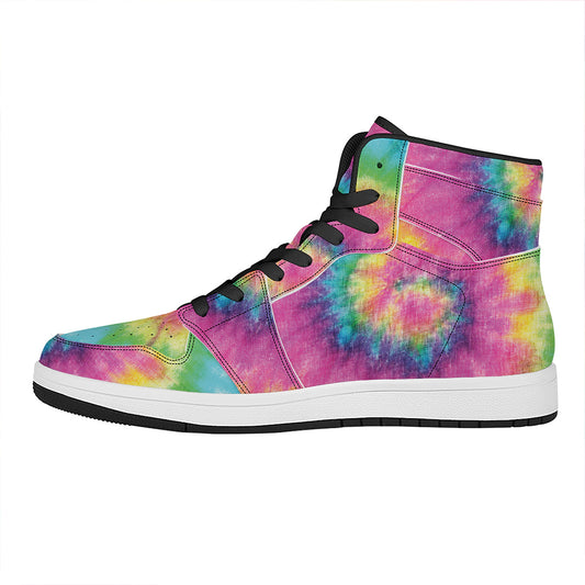 Bright Spiral Tie Dye Print High Top Leather Sneakers