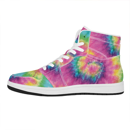 Bright Spiral Tie Dye Print High Top Leather Sneakers