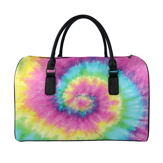 Bright Spiral Tie Dye Print Leather Duffle Bag