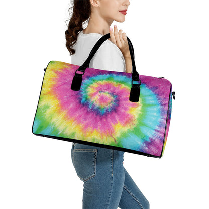 Bright Spiral Tie Dye Print Leather Duffle Bag