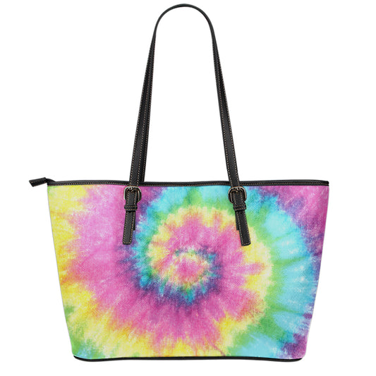 Bright Spiral Tie Dye Print Leather Tote Bag