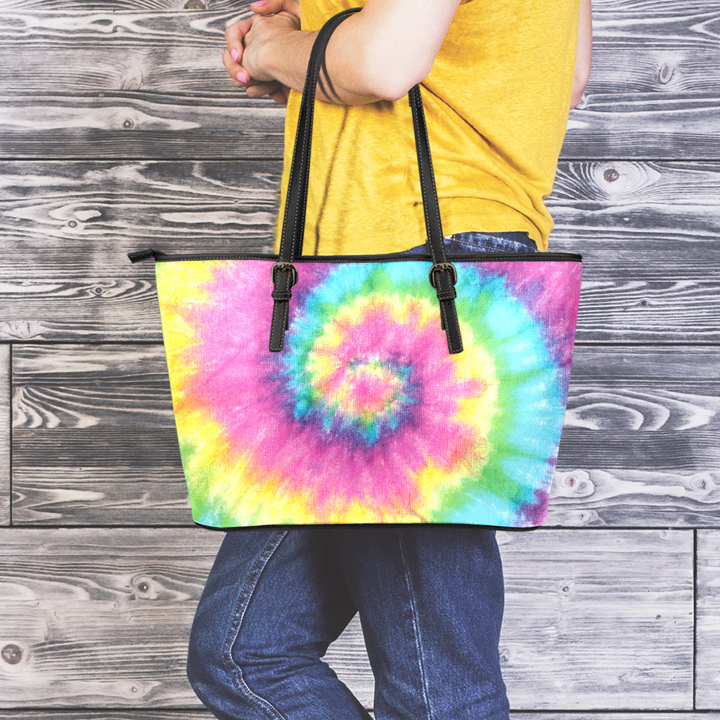 Bright Spiral Tie Dye Print Leather Tote Bag