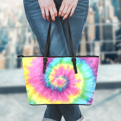 Bright Spiral Tie Dye Print Leather Tote Bag