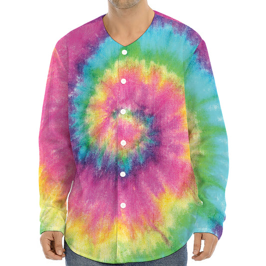 Bright Spiral Tie Dye Print Long Sleeve Baseball Jersey
