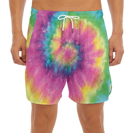 Bright Spiral Tie Dye Print Men's Split Running Shorts