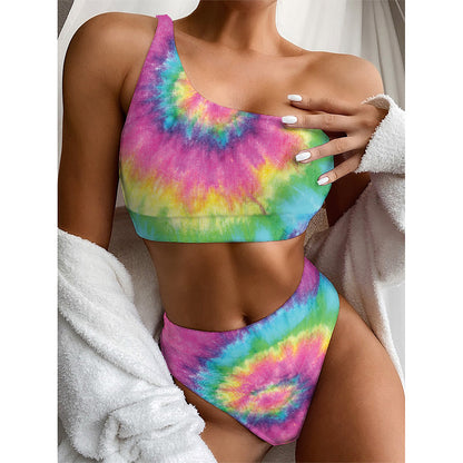 Bright Spiral Tie Dye Print One Shoulder Bikini Top