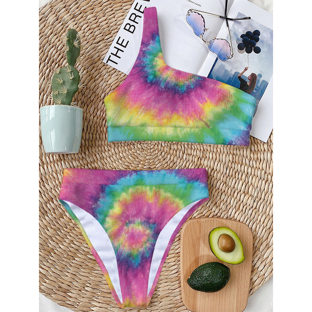 Bright Spiral Tie Dye Print One Shoulder Bikini Top