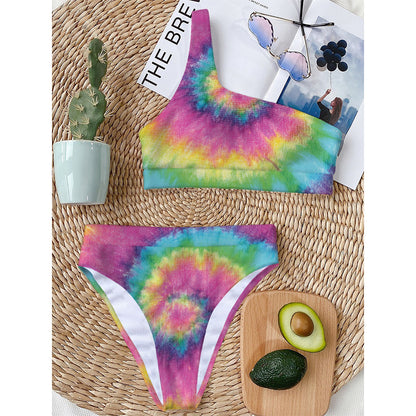 Bright Spiral Tie Dye Print One Shoulder Bikini Top