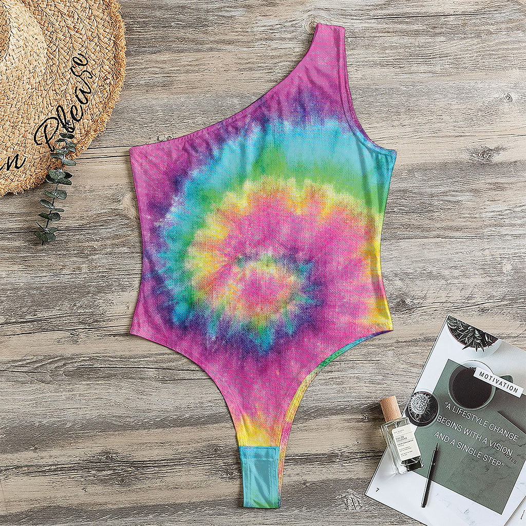 Bright Spiral Tie Dye Print One Shoulder Bodysuit