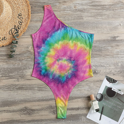 Bright Spiral Tie Dye Print One Shoulder Bodysuit