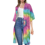Bright Spiral Tie Dye Print Open Front Beach Cover Up