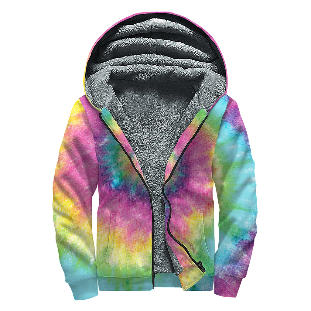 Bright Spiral Tie Dye Print Sherpa Lined Zip Up Hoodie