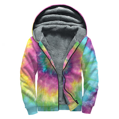 Bright Spiral Tie Dye Print Sherpa Lined Zip Up Hoodie